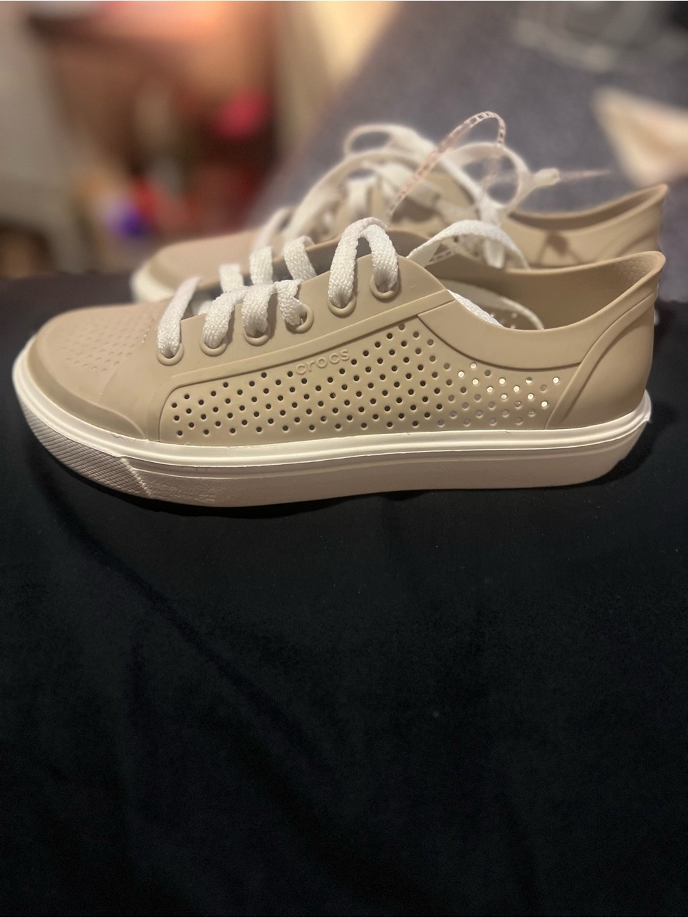 CROCS Women's Beige Lace-Up Perforated Sneakers